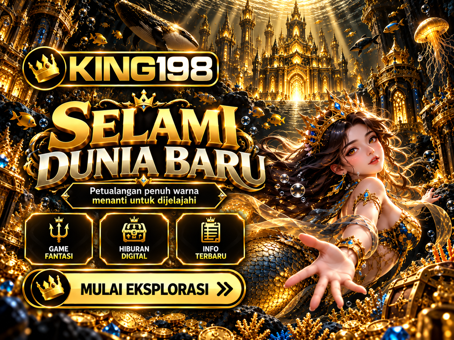 Banner KING198 fantasi bawah laut dengan kerajaan emas, koral bercahaya, dan makhluk laut imajinatif.